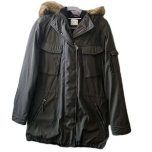 S13 New York Men's Parka Jacket Faux Fur Hood Olive Green Zip Coat Size L